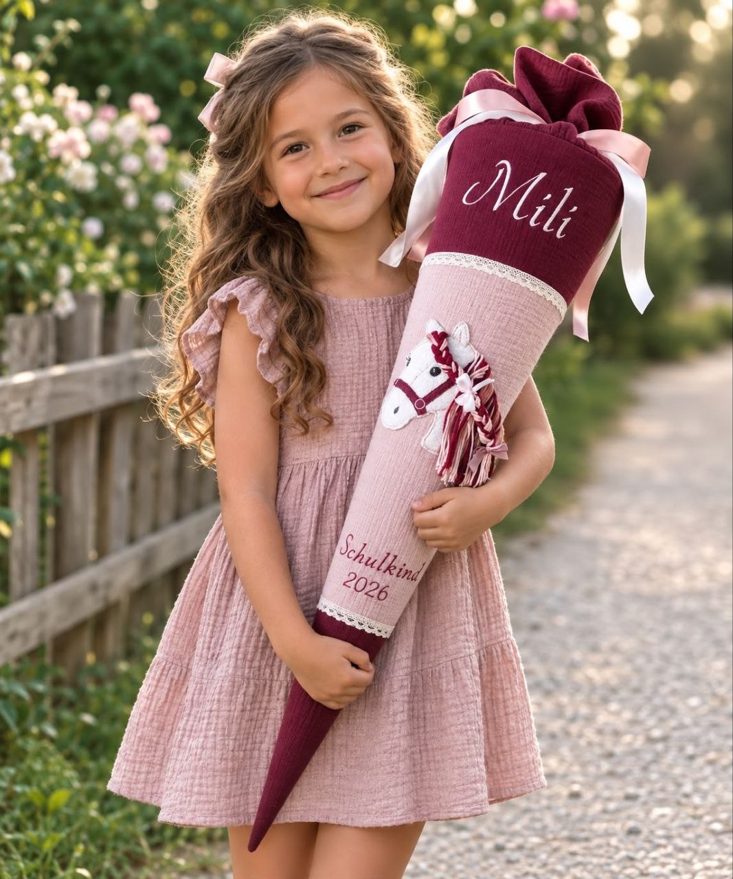 Personalisierte Musselin Schultüte mit 3D Pferd Bestickung in Hell pink und Bordeaux für Mädchen