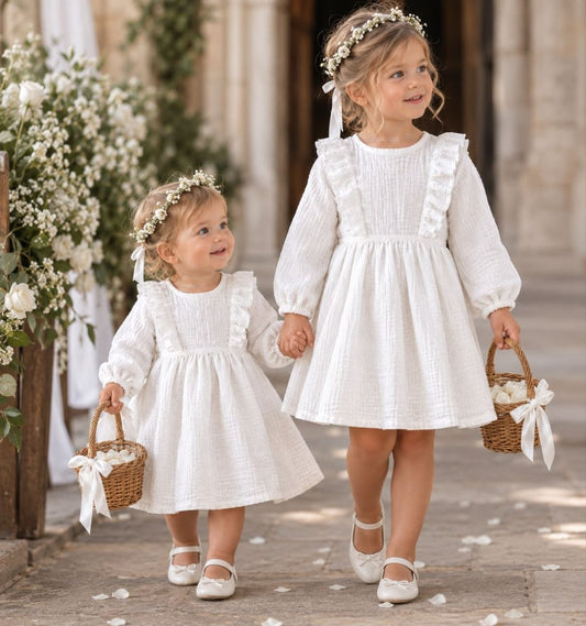 Blumenmädchenkleid und Taufkleid aus Musselin, Boxo Festkleid mit Spitze und   Rückenschleife in  Gr 86-116