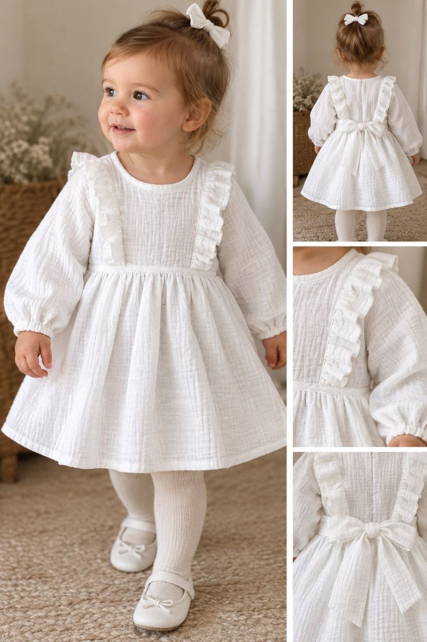 Blumenmädchenkleid und Taufkleid aus Musselin, Boxo Festkleid mit Spitze und   Rückenschleife in  Gr 86-116