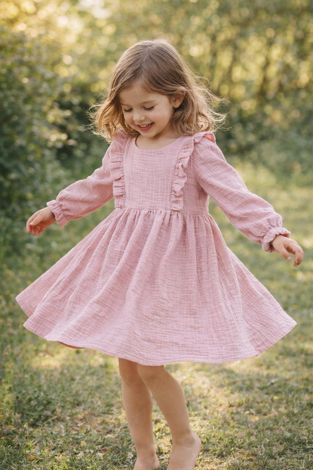 Mädchen Kleid aus Musselin mit Rüschen – Langarm Kleid mit Gummizug – Handgemachtes Kinderkleid in verschiedenen Farben und Größen