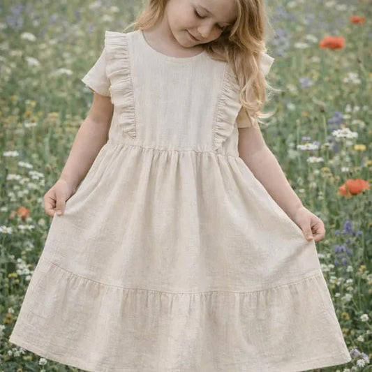 Sommerkleid aus Musselin – Rüschenkleid für Mädchen – Farben: Sand, Blau, Grau – Gr. 86–134