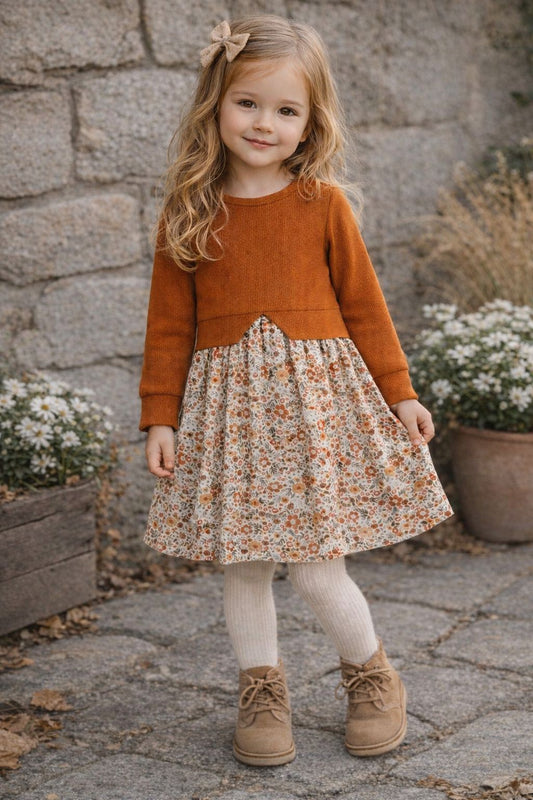 Mädchenkleid aus  Waffelstrick- Jersey– handgemacht –Terrakotta - Blumenmuster – Größen 110–140– Kinderkleid festlich & alltagstauglich