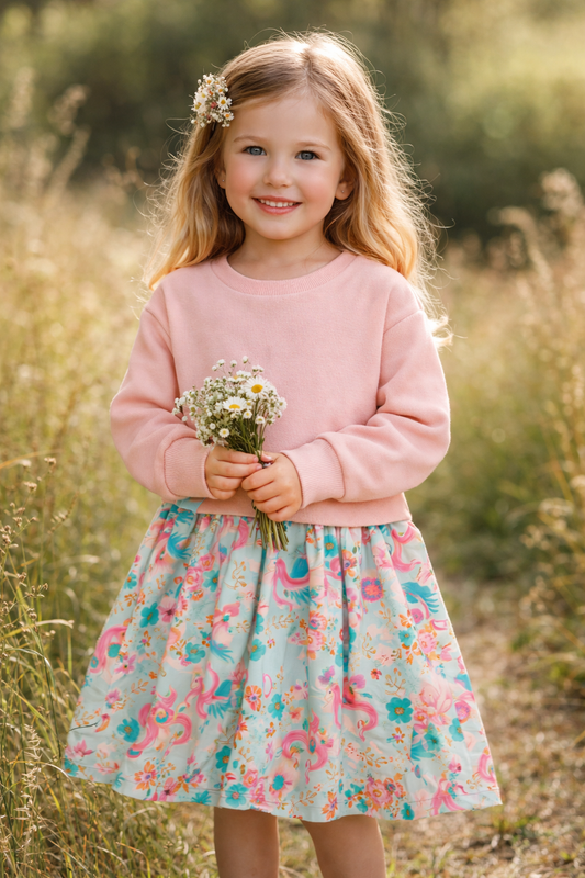 Kinderkleidung Mädchen- Kleid aus Bündchen und Baumwolljersey mit Taillenband.