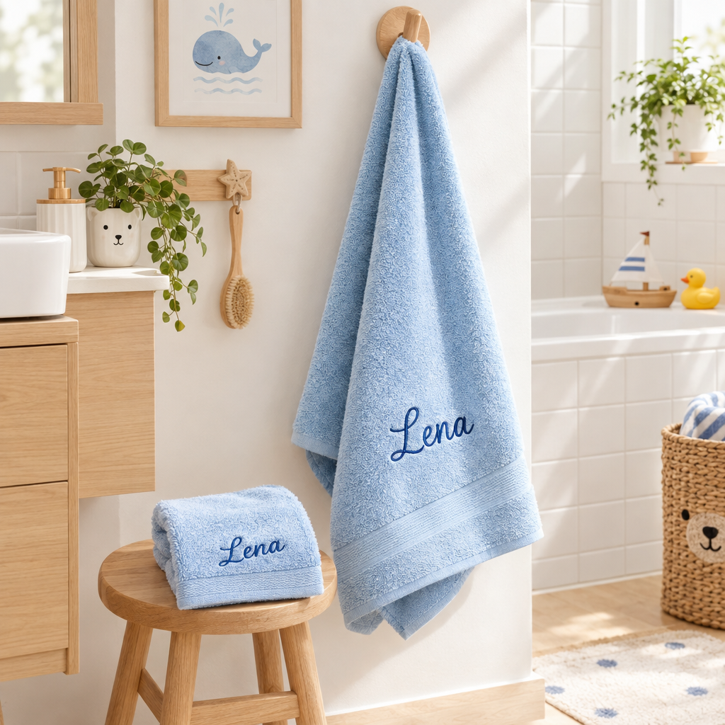 Personalisiertes Handtuch mit gesticktem Namen – Helles Pink & Blau – 3 Größen