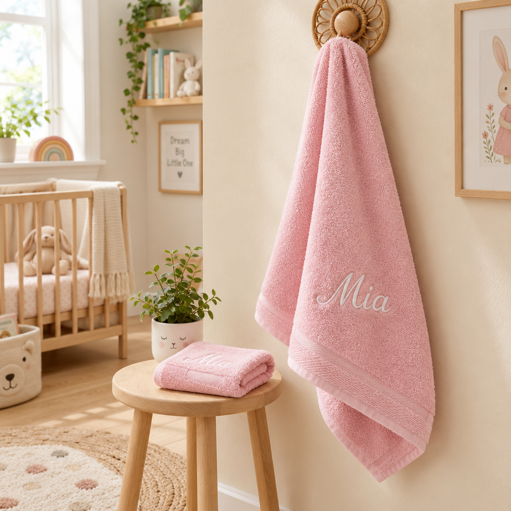 Personalisiertes Handtuch mit gesticktem Namen – Helles Pink & Blau – 3 Größen